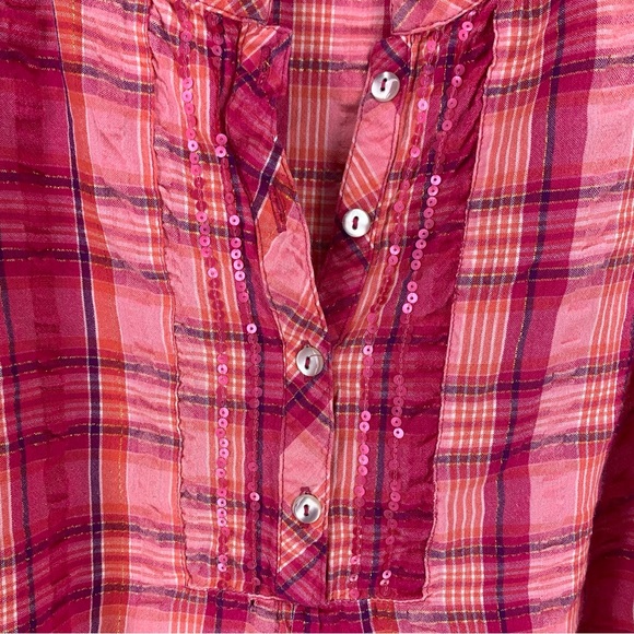 Catherine’s Womens 3X Popover Blouse Top Pink Plaid Roll Tab Sleeves Sequins - Picture 6 of 9